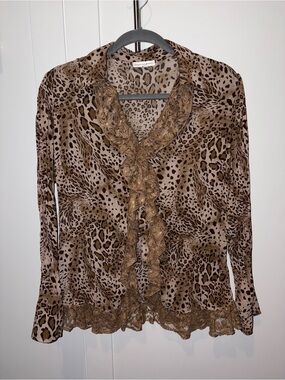 Fashion Bug Brown Leopard Ruffle-Front Blouse